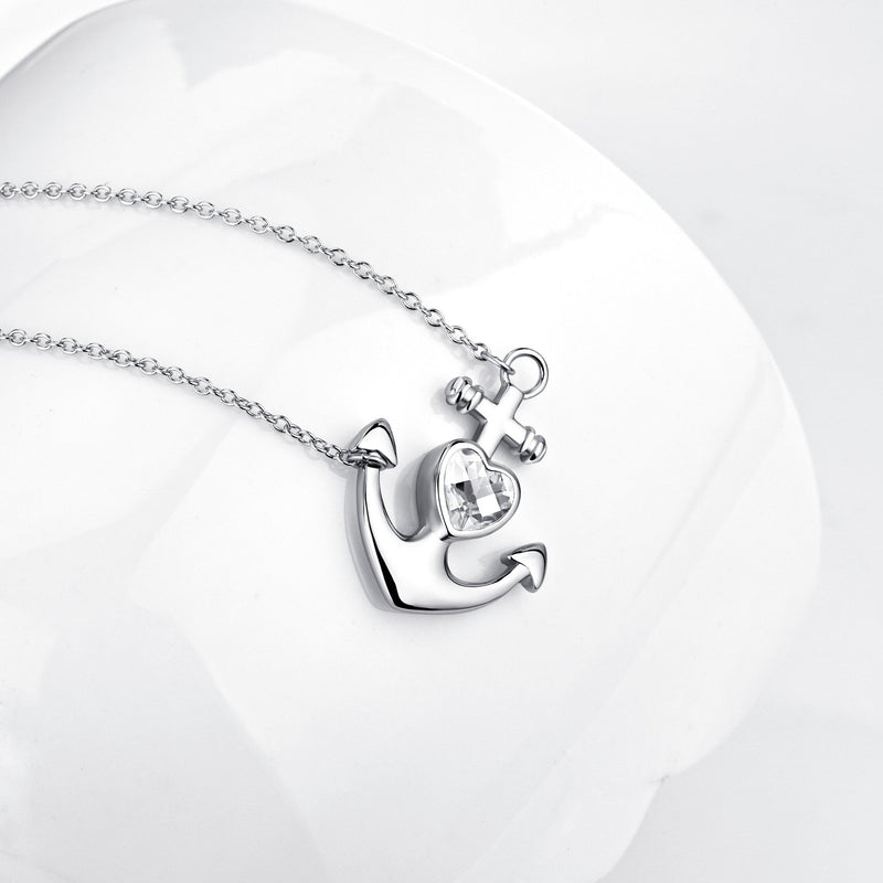 [Australia] - YFN Sterling Silver Anchor Pendant Necklace Nautical Jewelry for Women Girls Clear Necklace Sideways 