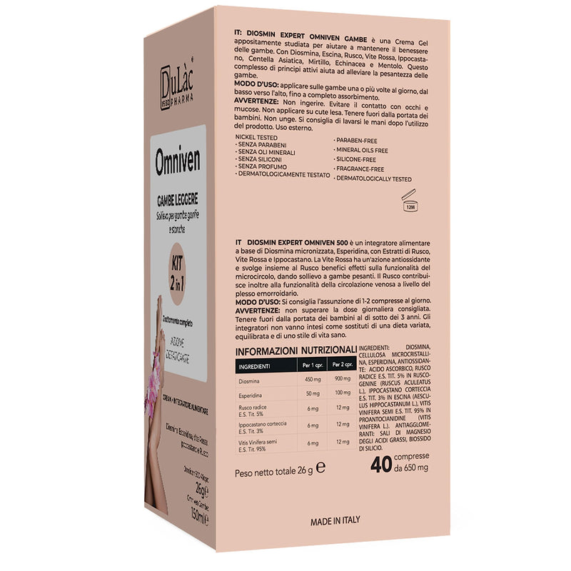 [Australia] - Veins Treatment for Legs Made in Italy Omniven 500 + Omniven Legs, Diosmin + Hesperidin 500mg, 40 Tablets + Dulàc Cold Effect Leg Cream 