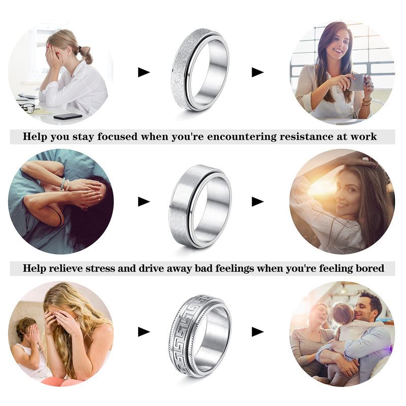 [Australia] - HAIAISO 8 Pcs Spinner Fidget Ring for Women Men Stainless Steel Sand Blast Finish Band Rings Moon Sun Star Celtic Stress Relieving Wedding Promise Rings(Size 5-11) 