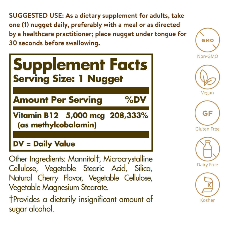 [Australia] - Solgar Methylcobalamin (Vitamin B12) 5000 mcg, 60 Nuggets - Supports Energy Metabolism - Body-Ready, Active Form of B12 - Vitamin B - Non GMO, Vegan, Gluten, Dairy Free, Kosher - 60 Servings 