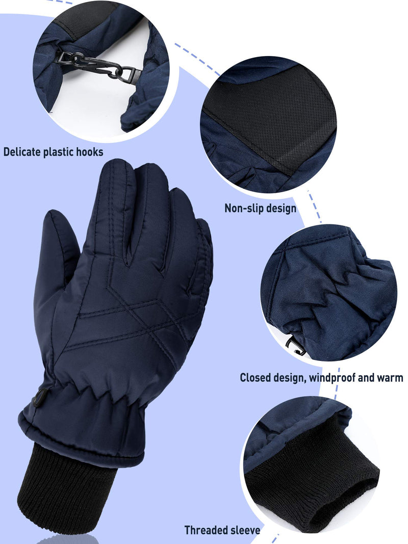 [Australia] - 2 Pairs Kids Winter Gloves Waterproof Ski Gloves Child Snow Warm Gloves Mittens Black, Navy Blue 4-7 Years 
