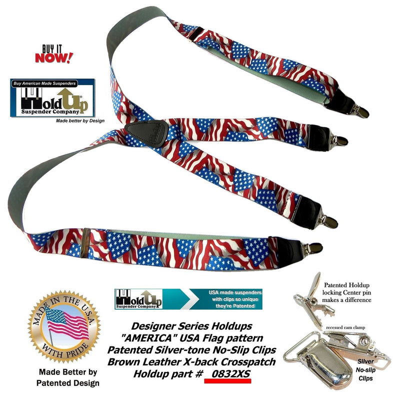 [Australia] - Holdup USA Flag Pattern Designer series X-back suspenders in 1 1/2" width and patented No-slip Silver-tone Clips 