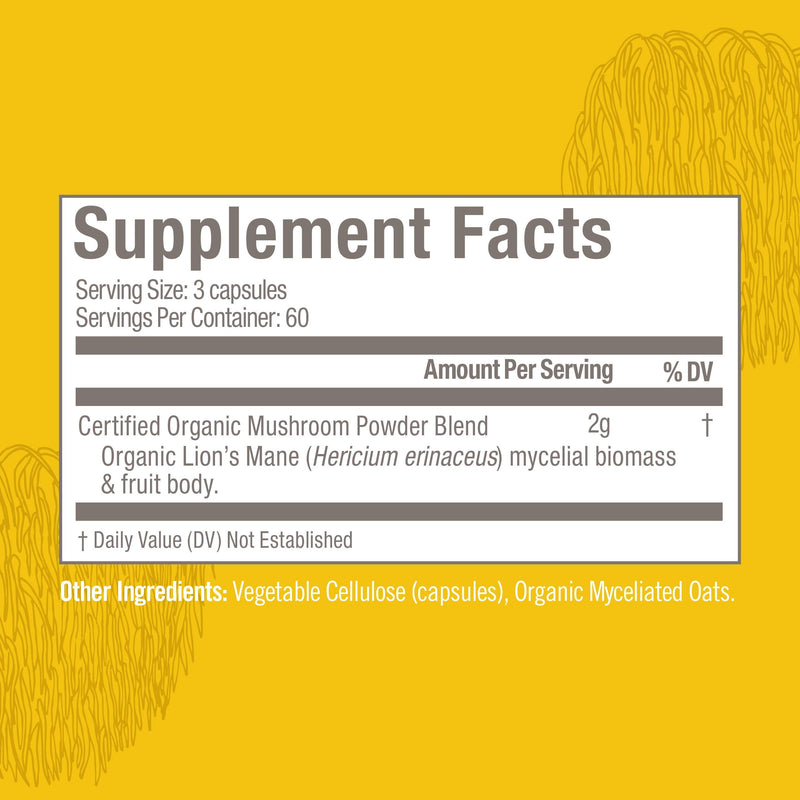 [Australia] - Om Mushroom Superfood Lion's Mane Mushroom Capsules Superfood Supplement, 180 Count, 60 Days, Fruit Body and Mycelium Nootropic for Memory Support, Focus, Clarity, Nerve Health, Creativity and Mood Lion's Mane Capsules 180 Count (Pack of 1) 