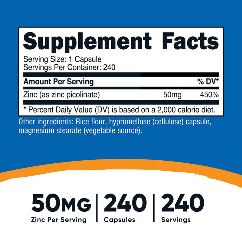 [Australia] - Nutricost Zinc Picolinate 50mg, 240 Vegetarian Capsules - Gluten Free and Non-GMO (240 Caps) 240 Count (Pack of 1) 