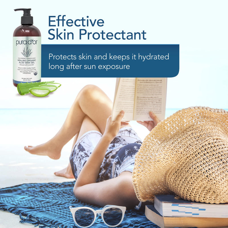 [Australia] - PURA D'OR Organic Aloe Vera Gel Lavender (16oz) All Natural - ZERO Artificial Preservatives - Deeply Hydrating & Moisturizing - Sunburn, Bug Bites, Rashes, Small Cuts, Eczema Relief - For Skin & Hair 16 Fl Oz (Pack of 1) 