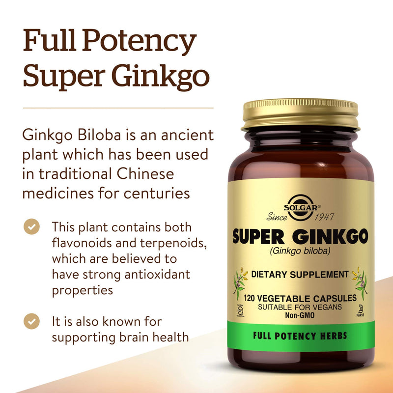 [Australia] - Solgar Super Ginkgo, 120 Vegetable Capsules - Full Potency (FP) - Antioxidant & Nervous System Support - Brain Health - Non-GMO, Vegan, Gluten Free, Dairy Free, Kosher - 120 Servings 120 Count (Pack of 1) Standard Packaging 