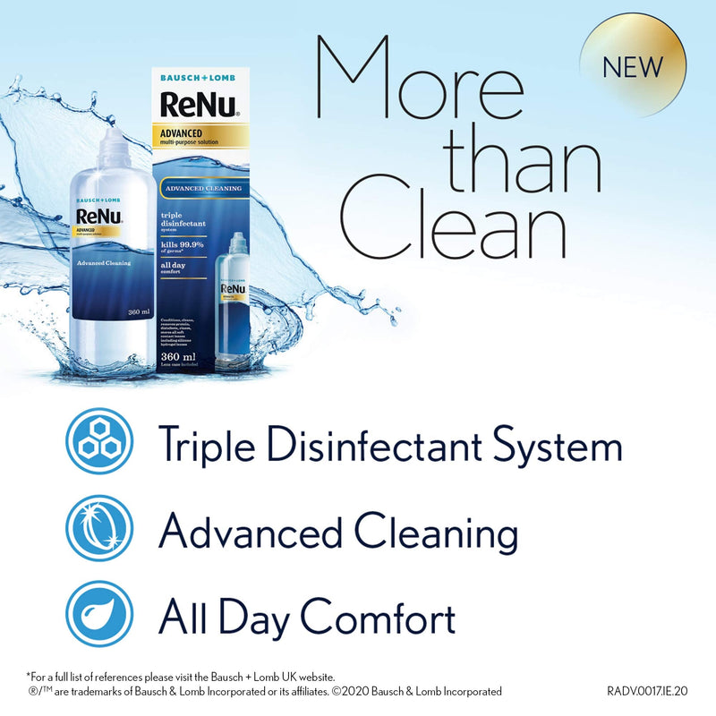 [Australia] - ReNu Advanced Multi-Purpose Contact Lens Solution 1 x 360ml – More Than Clean For Soft Contact Lenses – Condition, Clean, Remove Protein, Disinfect, Rinse and Store your Lenses – Lens Case Included 