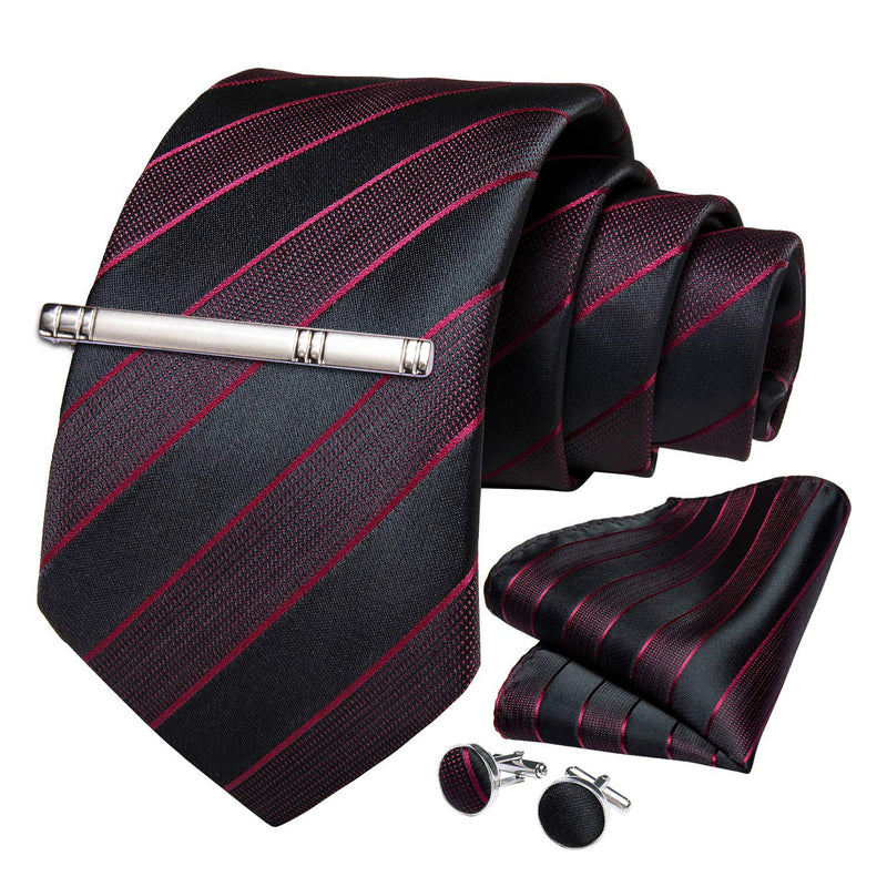 [Australia] - DiBanGu Men's Stripe Tie Silk Woven Necktie Pocket Square Cufflink Set Formal Business Prom Wedding 06 Burgundy Black 