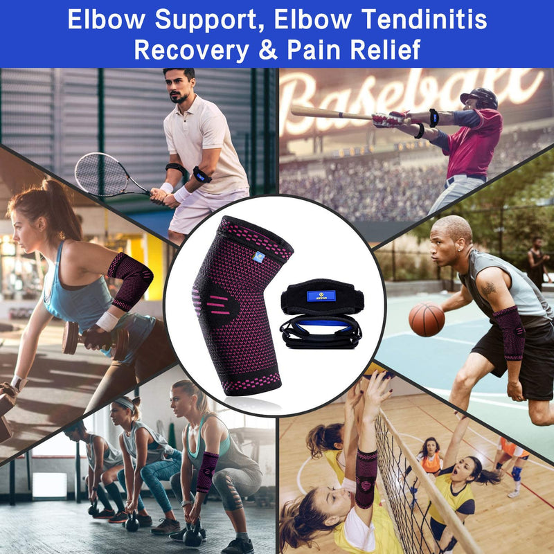 [Australia] - ABYON Professional Tennis Elbow Brace for Women (2pcs) + Elbow Compression Sleeve(1pcs) ,Elbow Support Gear for Sports or Daily Use to Reduce Joint Pain and Treat Tendonitis | Tennis Elbow | Golfer's Elbow | Arthritis Small Pink 