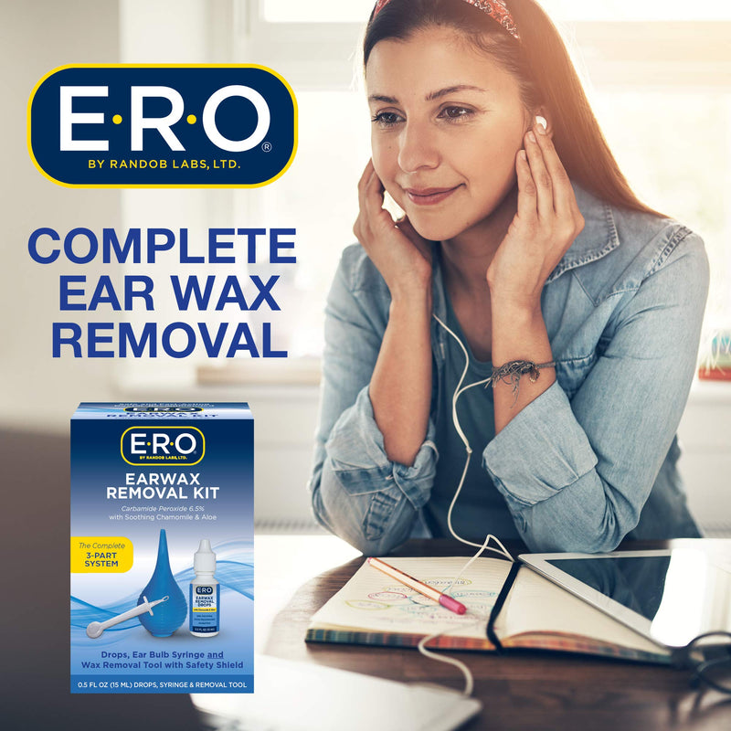 [Australia] - E-R-O Earwax Removal Kit for Complete Ear Care, with Carbamide Peroxide Earwax Removal Drops (0.5 fl oz), Ear Bulb Syringe and Ear Wax Removal Tool with Safety Shield 