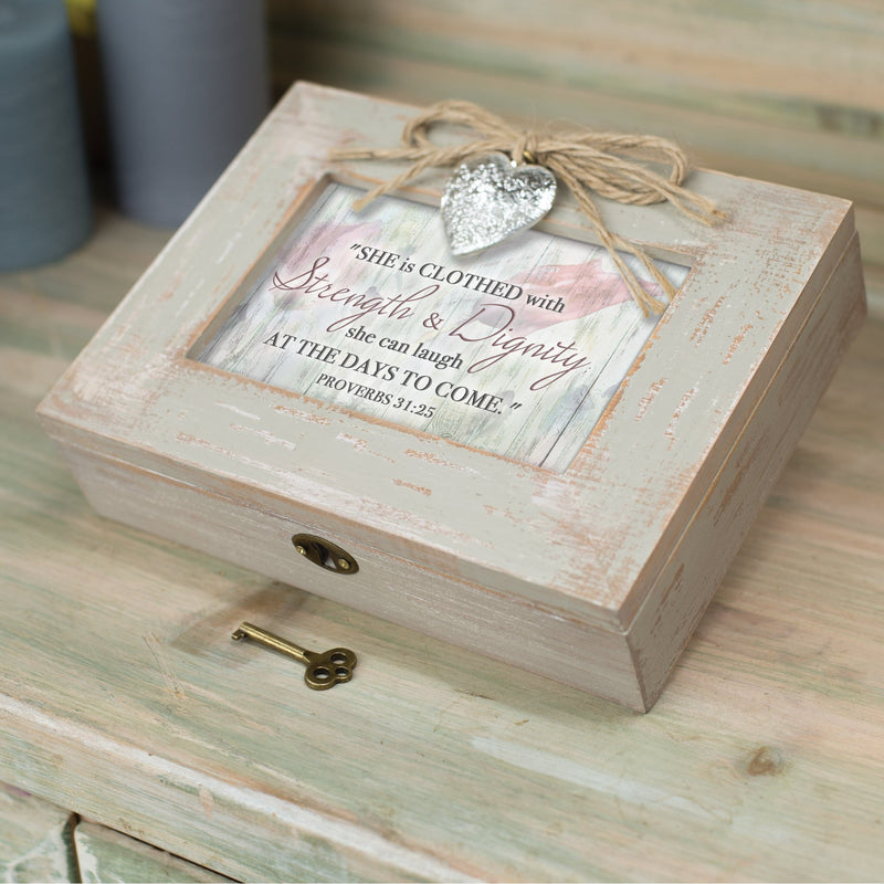 [Australia] - Cottage Garden Clothed with Strength Dignity Natural Taupe Wood Locket Music Box Plays Amazing Grace 