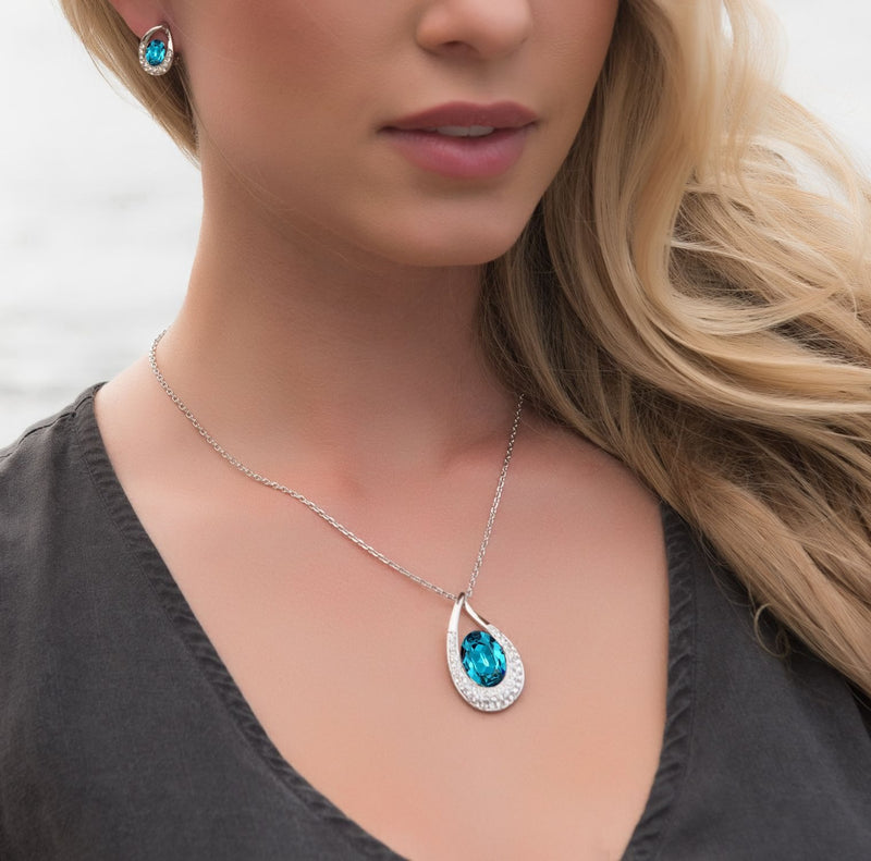 [Australia] - [Presented by Miss New York] Leafael"Angel's Teardrop" Made with Premium Crystals Blue Zircon Jewelry Set Earrings Necklace, 18" +2", Nickel/Lead/Allergy Free, Luxury Gift Box Blue Main Crystal/Silver-tone Chain 