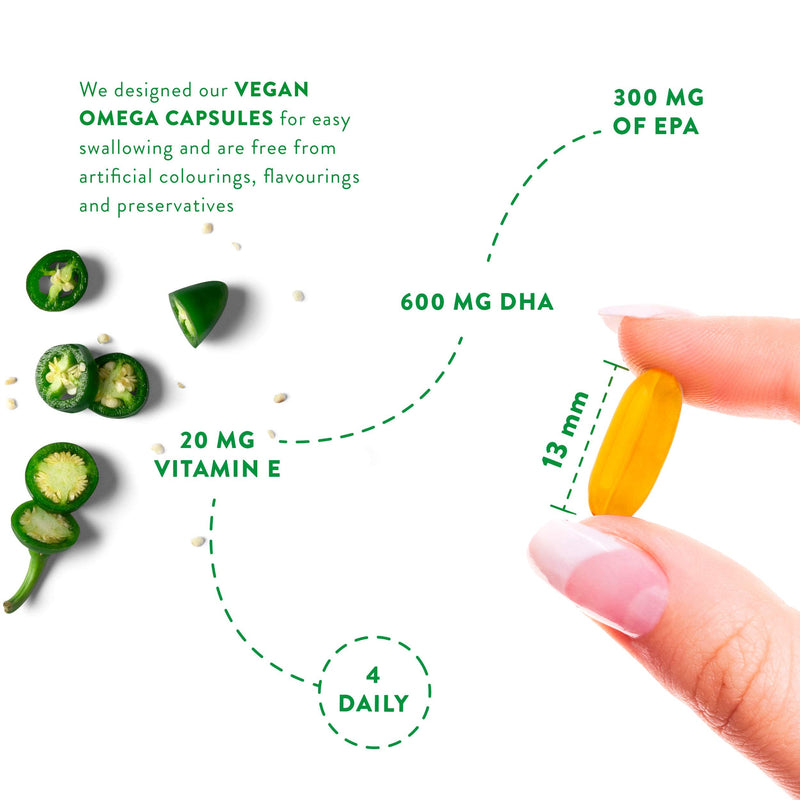 [Australia] - Premium Vegan Omega 3 High Strength [ 1100 mg ] - 600 mg DHA and 300 mg EPA per Daily dose of 4 Capsules- 120 Algae Omega 3 - with Vitamin E - from Sustainable Plant-Based Algae Oil - 1 Month Supply 