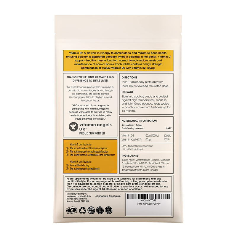 [Australia] - Vitamin D3 4,000IU & K2 MK-7 Natto Derived, 100µg - 120 Tablets - 4 Months Supply - Approved by The Vegetarian Society - UK Made by Innopure 
