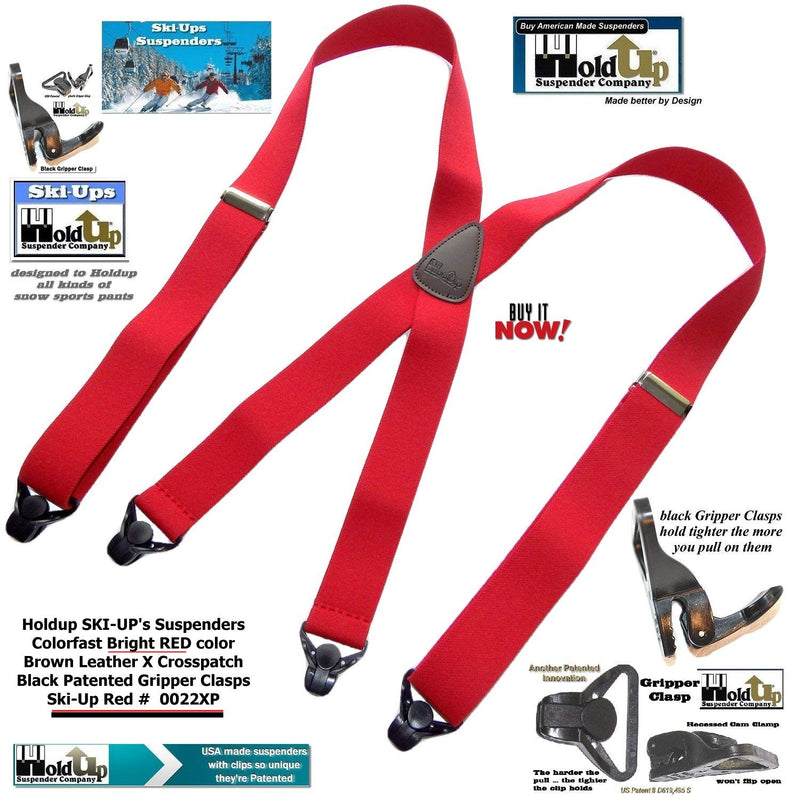 [Australia] - USA Made HoldUp Brand Ski-Ups series bright RED X-back Suspenders with Patented Black Gripper Clasps in 1 1/2" width 