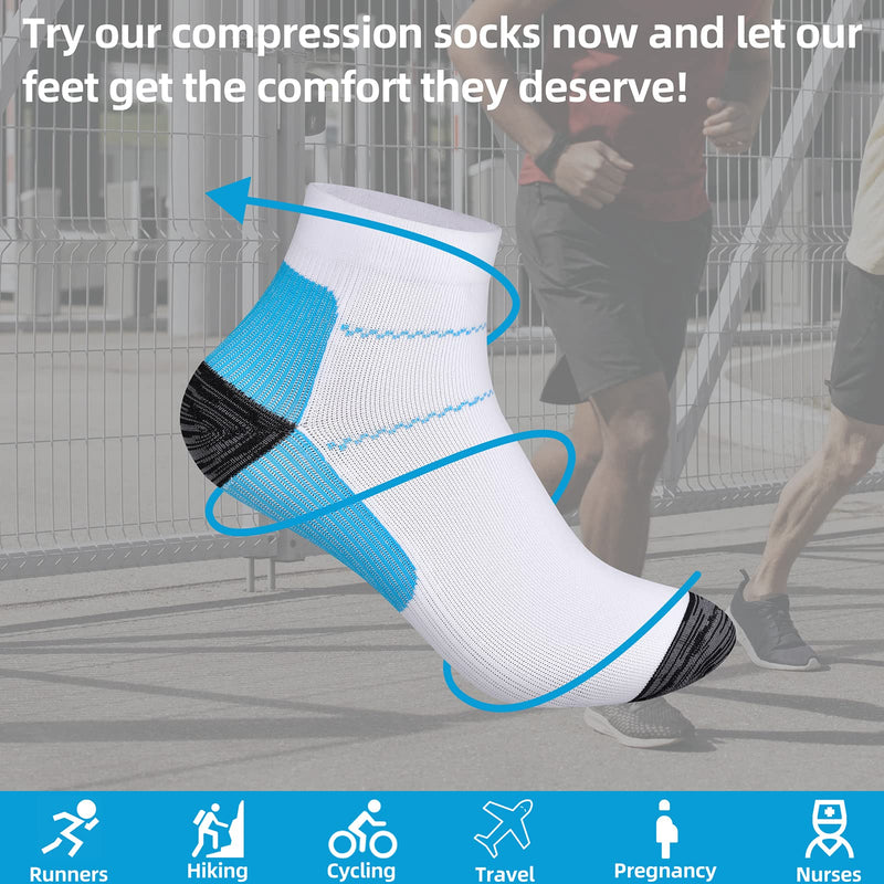 [Australia] - 6 Pairs Compression Socks for Men & Women Plantar Fasciitis Socks Low Cut Sports Socks Athletic Socks S-M 3 Black+3 Blue 