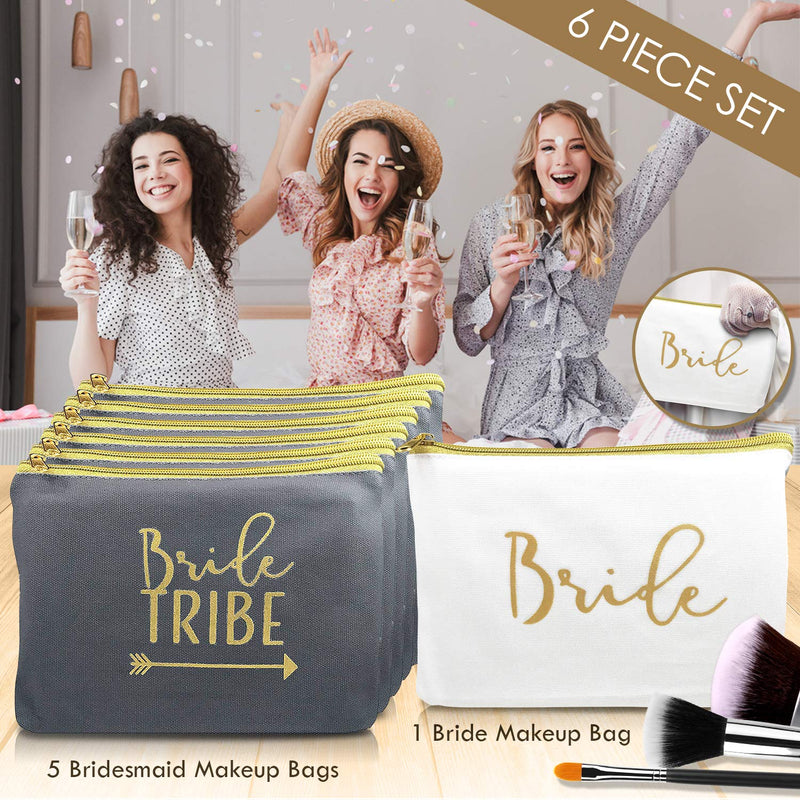 [Australia] - 6 Piece Set | Navy Blue Bride Tribe Canvas Cosmetic Makeup Clutch Gifts Bag for Bridesmaid Proposal Box & Bridesmaids Bachelorette Party Favors 6 Count 