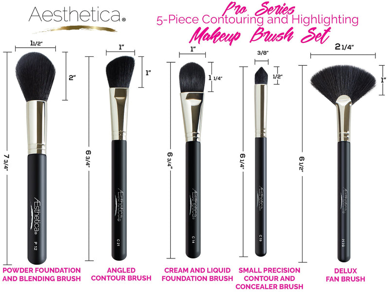 [Australia] - Aesthetica Pro Series 5-Piece Contouring and Highlighting Makeup Brush Set - Includes Large Powder, Foundation, Angled, Deluxe Fan & Precision Concealer Makeup Brushes - 100% Vegan & Cruelty Free 