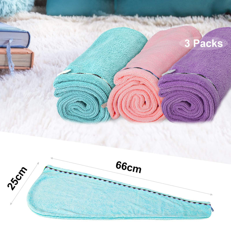 [Australia] - HMEEN Hair Drying Towels for Women,3 Pack Super Soft Absorbent Microfiber Turbans Twist Hair Wrap with Button(Purple Blue Pink) Pink/ Purple/ Blue 