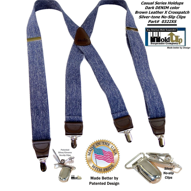 [Australia] - HoldUp Brand Dark Blue Denim X-back Suspenders with patented No-slip Nickel plated Clips 