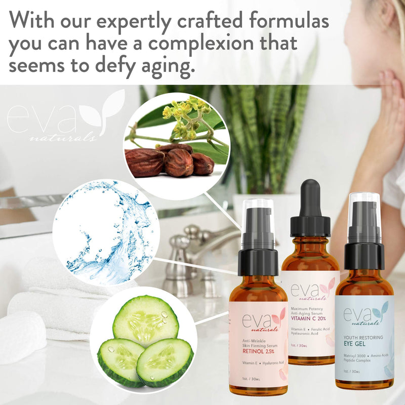 [Australia] - Eva Naturals Facelift in a Bottle - 3-in-1 Anti-Aging Set with Retinol Serum, Vitamin C Serum and Eye Gel - Formulated to Reduce Wrinkles, Fade Dark Spots and Treat Under-Eye Bags - Premium Quality 