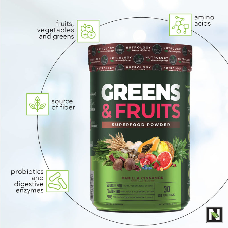 [Australia] - Greens & Fruits-Naturally Sourced Fruits, Vegetables, Greens, Beet Powder & Mushroom Blend - Probiotics, Digestive Enzymes, Fiber, Antioxidants, Immune Support - Vanilla Cinnamon-30 Servings 