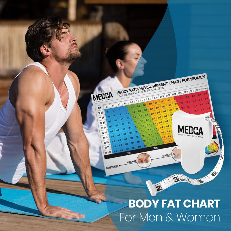 [Australia] - Pro Skinfold Caliper and Body Measurement Tape - Precision Body Fat Tool Plus BMI Chart - Accurately Measure and Gauge Body Fat Help Track Weight Loss, Achieve Fitness Goals for Men and Women, White 