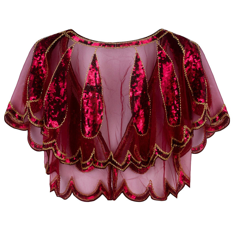 [Australia] - VIJIV Women's 1920s Shawl Wrap Art Deco Sequin Beaded Evening Cape Bolero Flapper Cover Up One Size Red 