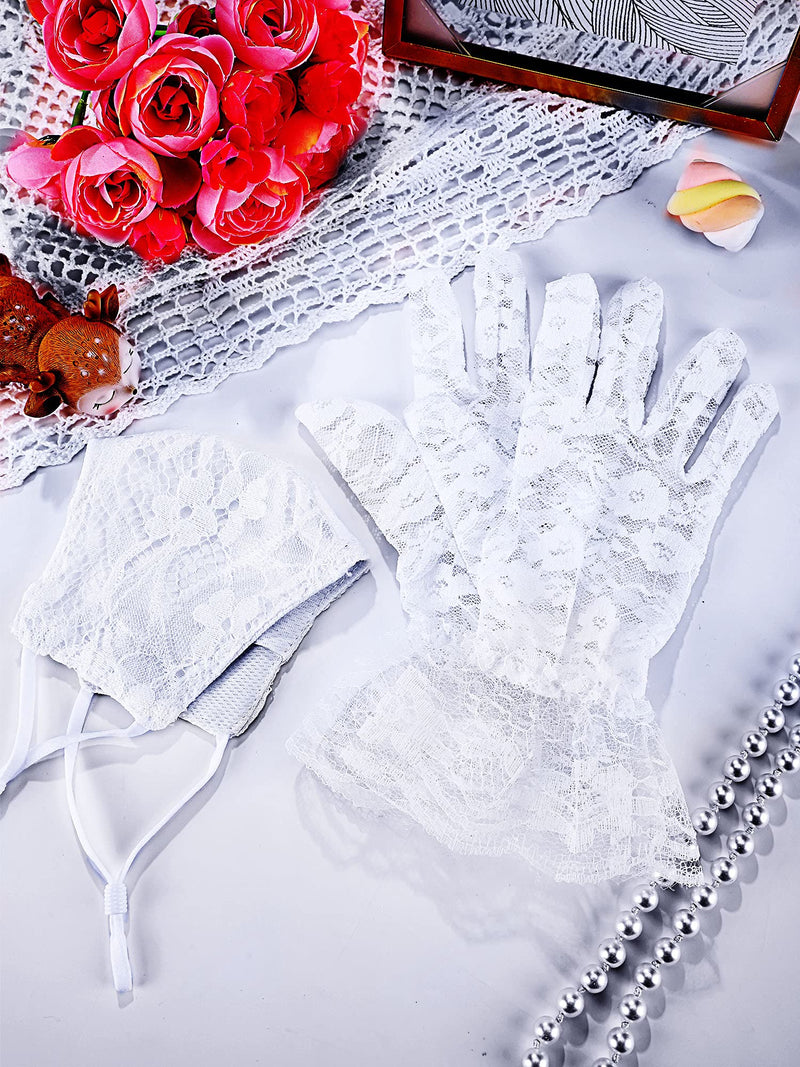 [Australia] - Sokeeno 2 Pieces Lace Floral Glove Short Gloves Elegant Lace Face Covering White Small 