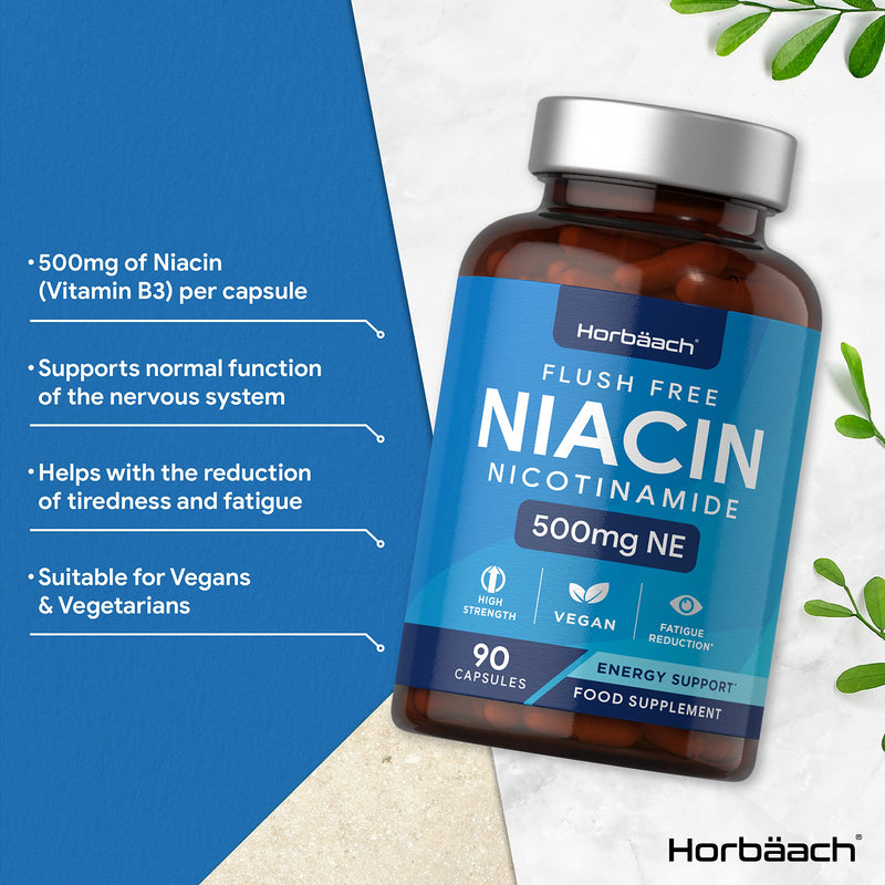 [Australia] - Vitamin B3 Niacin 500mg | 90 Vegan Capsules | Flush Free Nicotinamide Supplement | Reduction of Tiredness & Fatigue | No Artificial Preservatives | by Horbaach 