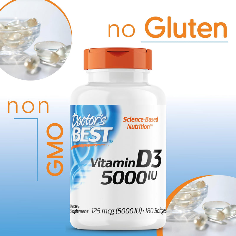 [Australia] - Doctor's Best, Vitamin D3, 5,000IU, High dose, Depot Weekly dose, 180 Soft Capsules, Laboratory Tested, SOYA-Free, Gluten-Free, Non-GMO 180 count (Pack of 1) 