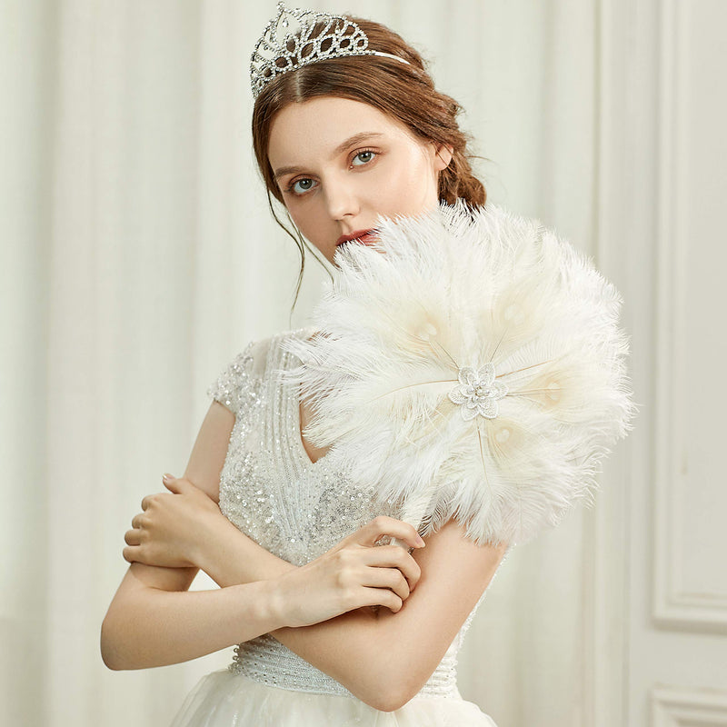 [Australia] - BABEYOND Vintage Bridal Feather Bouquet 1920s Ostrich Feather Fan Crystal Bridesmaid Bouquet 20s Gatsby Wedding Bouquet Flapper Accessories (Beige) Beige 