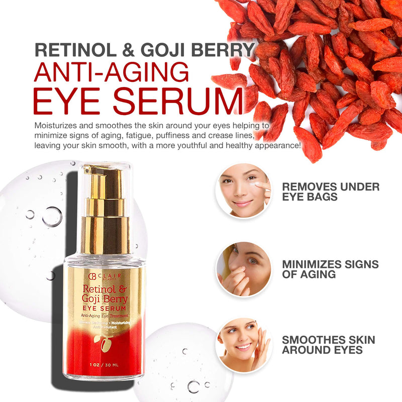 [Australia] - CLAIR BEAUTY Retinol & Goji Berry Anti Aging Eye Serum - Moisturizing, Toning & Anti Pollutants | Reduces Wrinkles, Fine Lines & Creases | Minimize Signs of Aging & Fatigue - 30mL 
