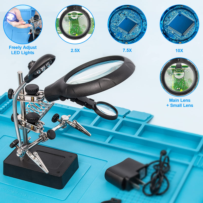 [Australia] - AORAEM LED Light Helping Hands Magnifier Station,2.5X 7.5X 10X Magnifying Glass Soldering with Clamp and Alligator Clips Desktop Magnifer Stand for Craft Carving Jewelry 