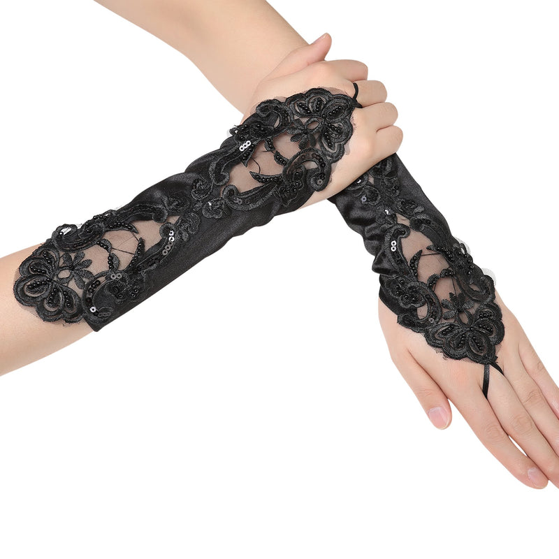 [Australia] - BABEYOND Short Opera Party 20s Satin Gloves Stretchy Adult Size Tea Party Wedding Lace Gloves 11.8" Black 