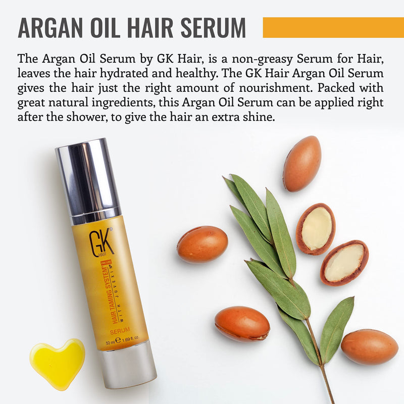 [Australia] - GK HAIR Global Keratin 100% Organic Argan Oil Anti Frizz Hair Serum (1.69 Fl Oz/50ml) Styling Smoothing Strengthening Hydrating & Nourishing Heat Protection Shine Frizz Control Dry Damage Hair Repair Pack of 1 - 50ml 