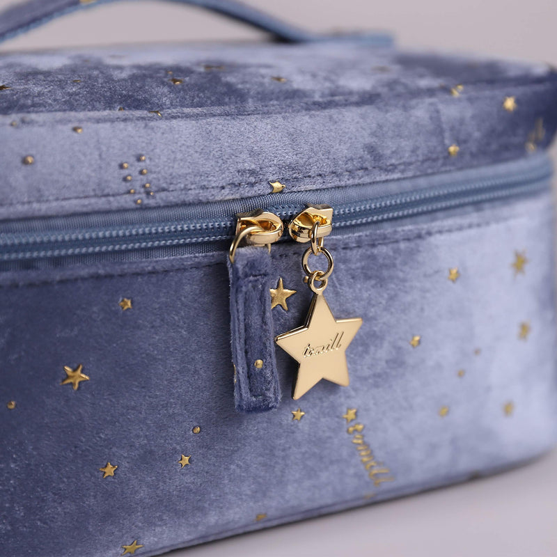 [Australia] - Two-Piece Velvet Embroidered Applique Stars Makeup Train Case, Cosmetic Beauty Bag, Multifunction Makeup Organizer Vintage Toiletries Pouch for Women Girls Gifts (BLUE) BLUE 