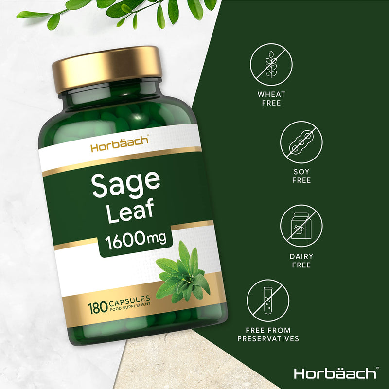 [Australia] - Sage 1600mg | 180 Capsules | One A Day Formula | Hot Flushes, Night Sweats, Menopause Symptoms | Non-GMO, Gluten Free Supplement | No Artificial Preservatives 