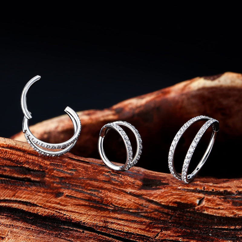 [Australia] - OUFER Body Piercing Helix Earrings Hoop Double Line Clear CZ Paved Septum Ring Cartilage Earrings 16G 316L Stainless Steel Daith Earring Helix Piercing Jewellery 10mm 