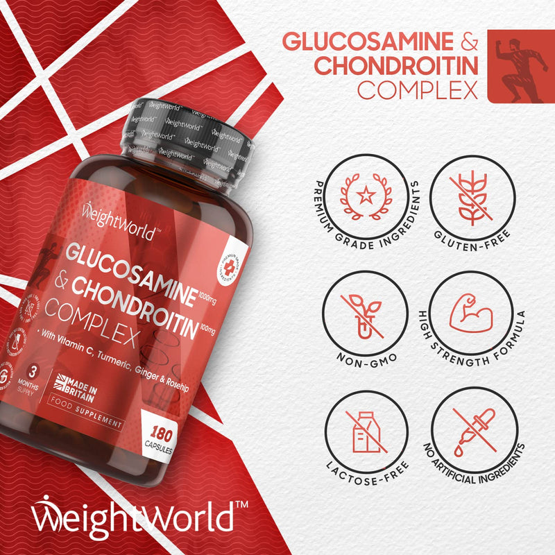 [Australia] - Glucosamine and Chondroitin High Strength - 180 Capsules (3 Month Supply) - Glucosamine Complex with Ginger, Vitamin C, Turmeric, Rosehip - Glucosamine Sulphate 2KCL Bone & Joint Supplements - UK Made 