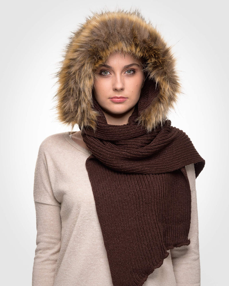 [Australia] - Futrzane Faux Fur Hooded Scarf for Women - Versatile Knitted Cowl for Winter Brown - Orange Raccoon 