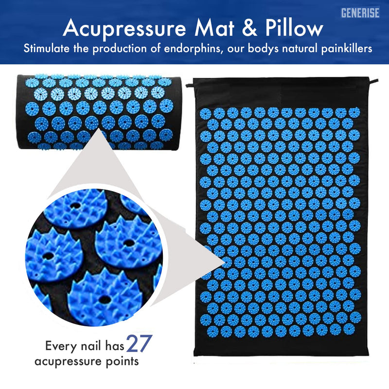 [Australia] - Acupressure Mat Generise Accupressure Body Mat and Pillow Set for Men & Women - Back, Neck and Muscle Pain Relief - Includes Travel Bag with Adjustable Strap (Black with Blue Spikes) Black With Blue Spikes 