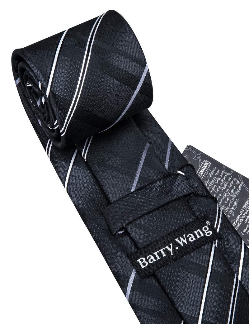 [Australia] - Barry.Wang Stripe Men Ties Set Classic WOVEN Necktie with Handkerchief Cufflinks Formal Black 