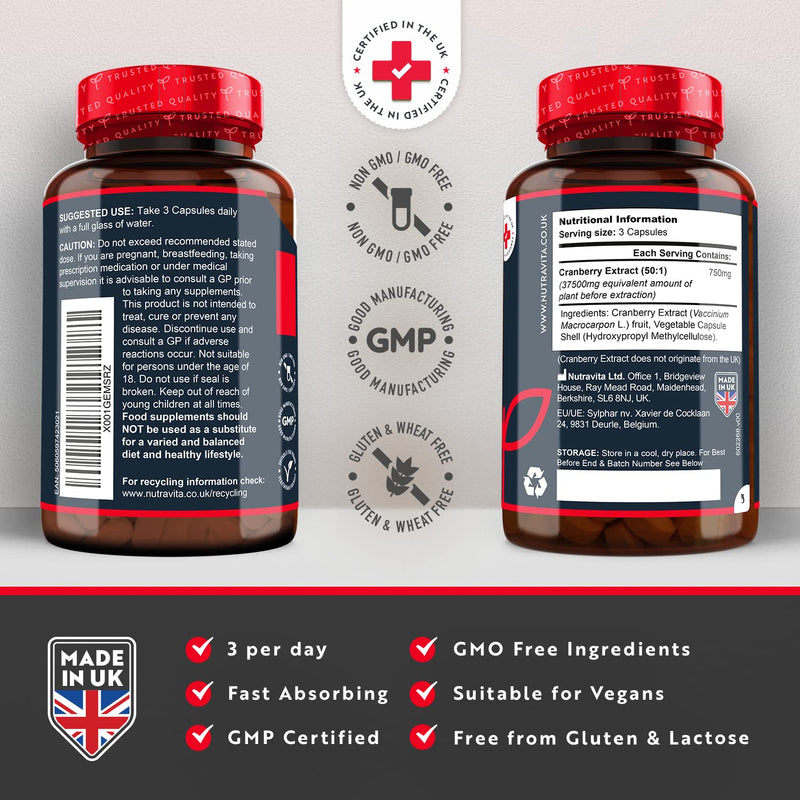 [Australia] - Max Strength Cranberry 37,500mg - 180 Vegan Capsules � Daily Supplement for Women � 50:1 Pure Cranberry Extract Supplement � Made in The UK by Nutravita 