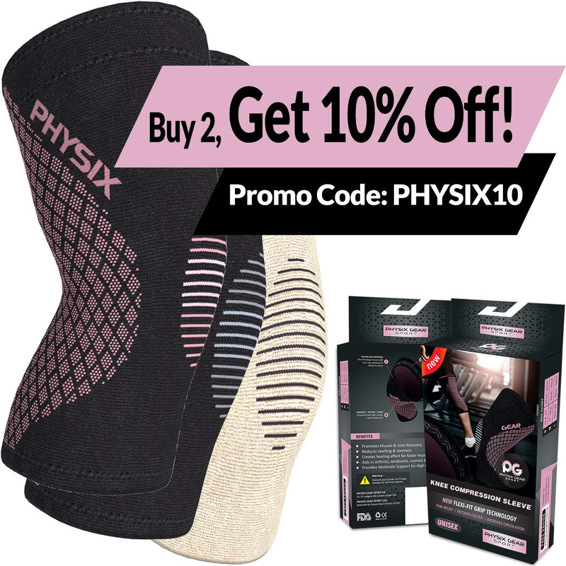 [Australia] - Physix Gear Sport Knee Support Brace - Best No-Slip Knee Braces for Knee Pain Women & Men, Compression Knee Sleeves for Running Workout Walking Hiking Sports Arthritis ACL Torn Meniscus XX-Large | 24.5"-27" Black/Grey (Single) 