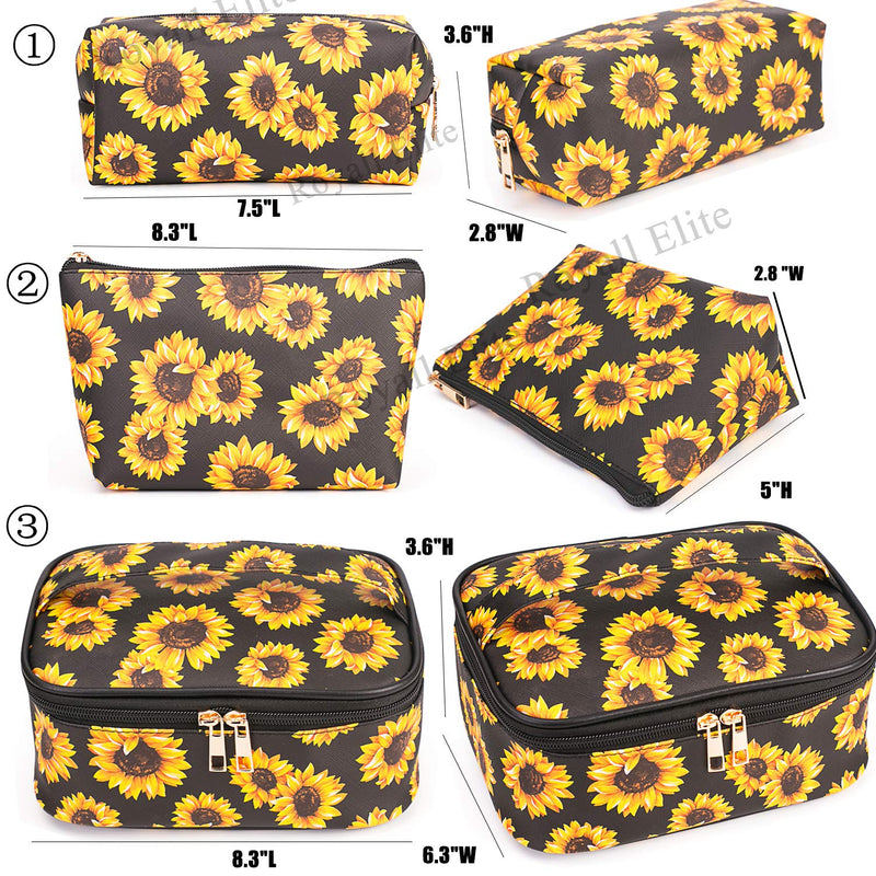 [Australia] - Makeup Bag Sunflower 3 Pack Travel Toiletry Bag Portable Cosmetic Pouch Organizer with Small Brush Holders Gold Zipper Waterproof Storage Case for Women and Girls Sunflower Black 