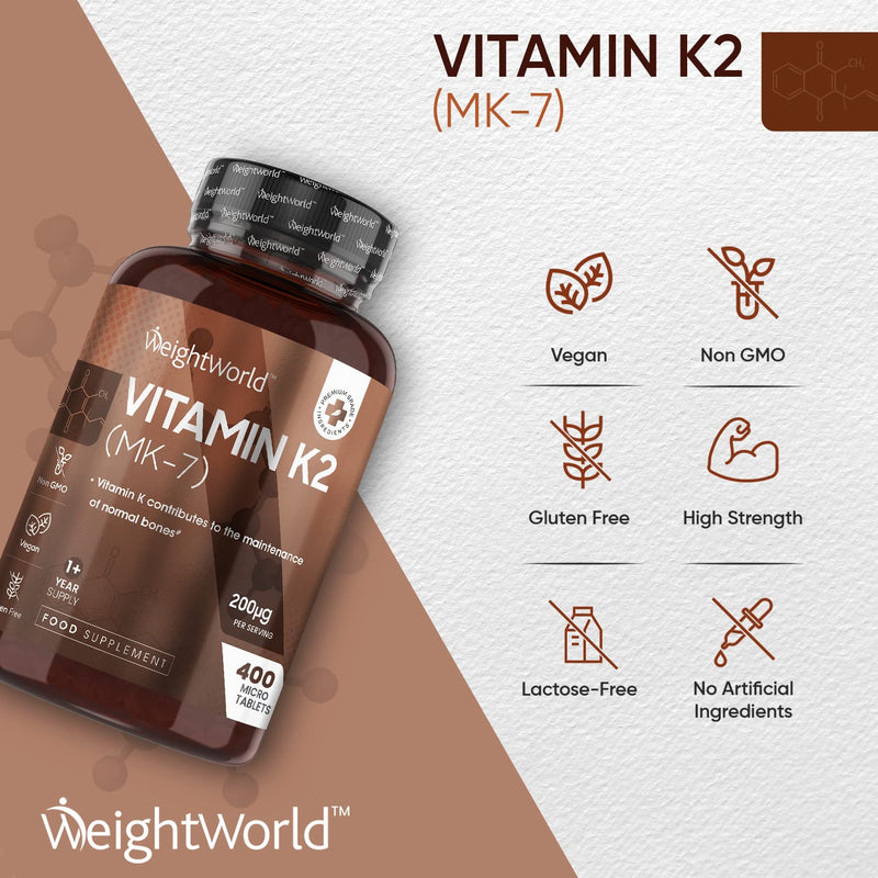 [Australia] - Vitamin K2 MK7 200mcg - 400 Vegan K2 Vitamin Tablets (Not Vitamin K2 Capsules) 400 Days Supply - High Strength VIT K Supplement as Menaquinone - Gluten-Free VIT K2 Bone Supplement 