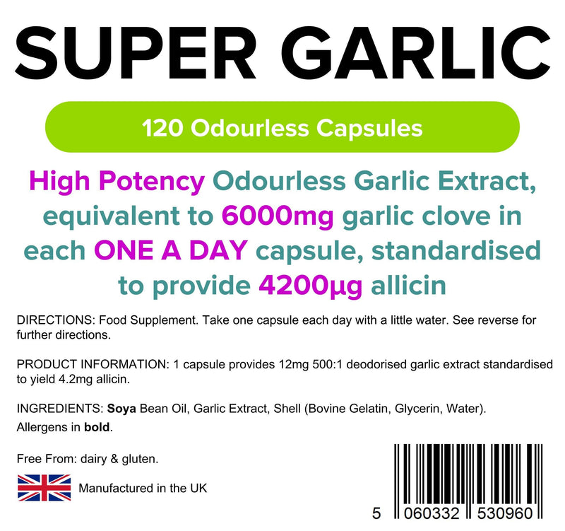 [Australia] - Lindens Super Garlic Odourless Capsules - 120 Pack - High Strength 6000mg (4200mcg Allicin) - Contributes to Normal Muscle Function, Heart Health and Immune Health - UK Manufacturer, Letterbox Friendly 