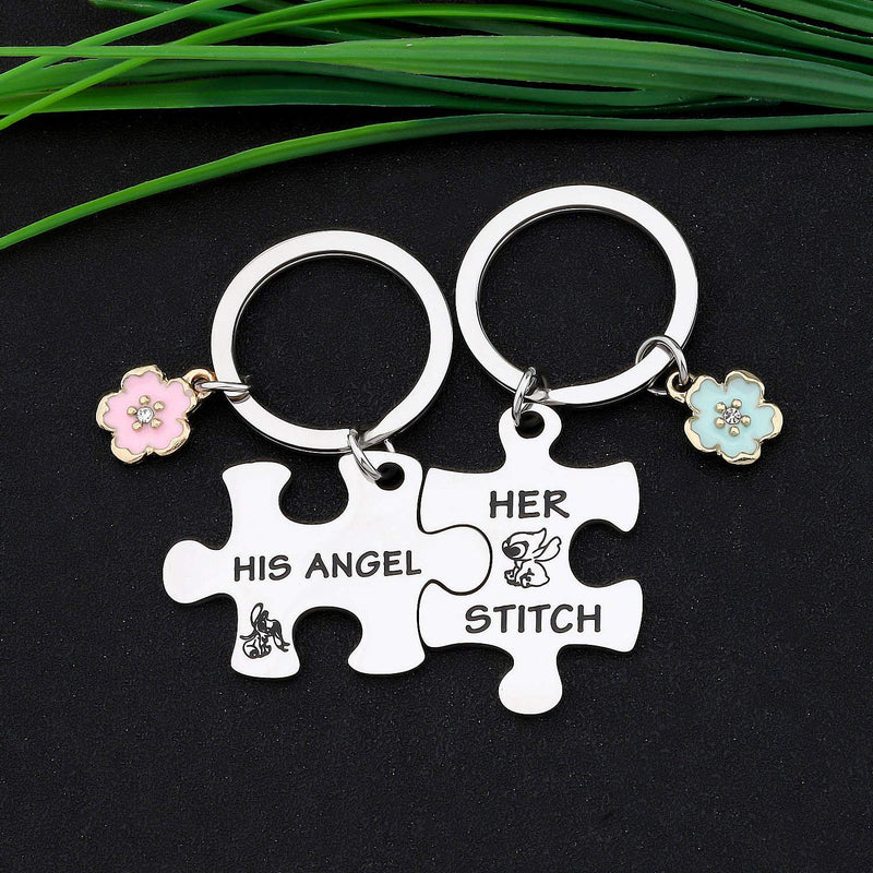 [Australia] - CYTING Her Stitch His Angel Puzzle Piece Keychain Set with Hibiscus Flower Charm Hawaiian Jewelry Gift for Couples Family Best Friends Stitch Angel puzzle piece 