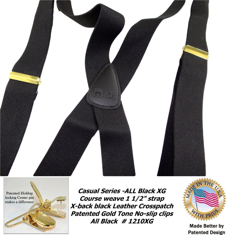 [Australia] - Hold-Ups 1 1/2" All Black Casual Series Suspenders in X-back Gold No-slip Clips 